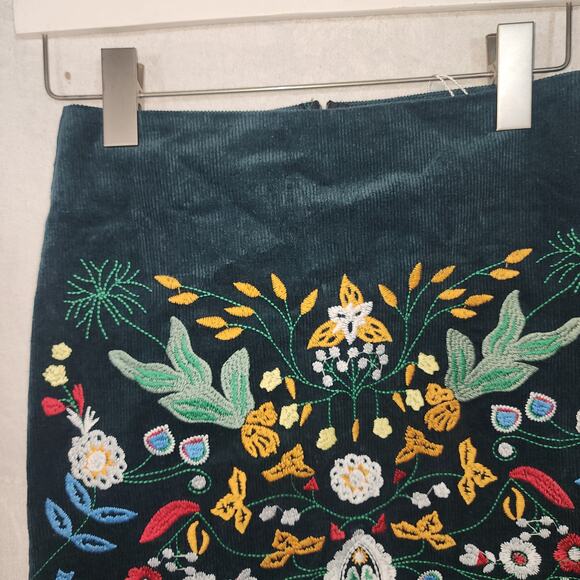 SIMPLEE sz S Boho Floral Embroidered Corduroy Skirt Size Small Teal high waist - Picture 2 of 6